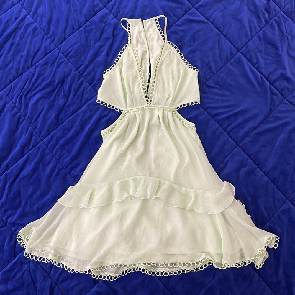 ASOS Sage Green Cami Halterneck Cutout Mini Dress with Eyelete Lace Circle Trim